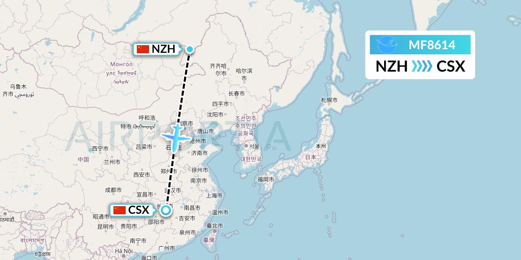 MF8614 Xiamen Airlines Flight Map: Manzhouli to Changsha