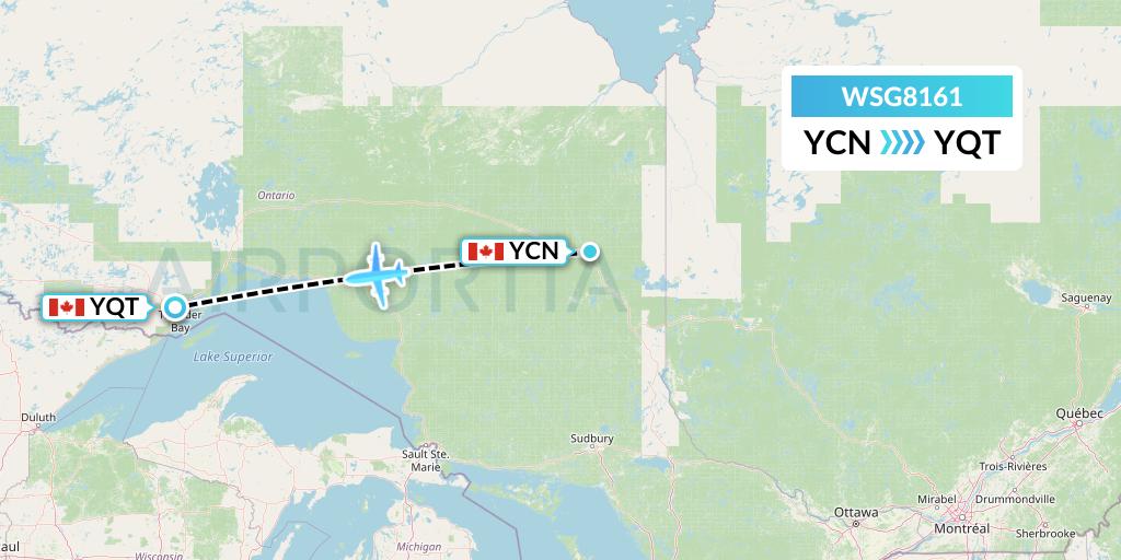 WSG8161 Wasaya Airways Flight Map: Cochrane to Thunder Bay