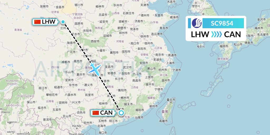 SC9854 Shandong Airlines Flight Map: Lanzhou to Guangzhou