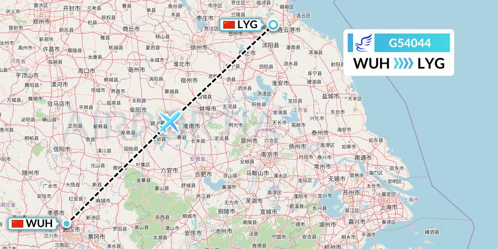 G54044 China Express Airlines Flight Map: Wuhan to Lianyungang