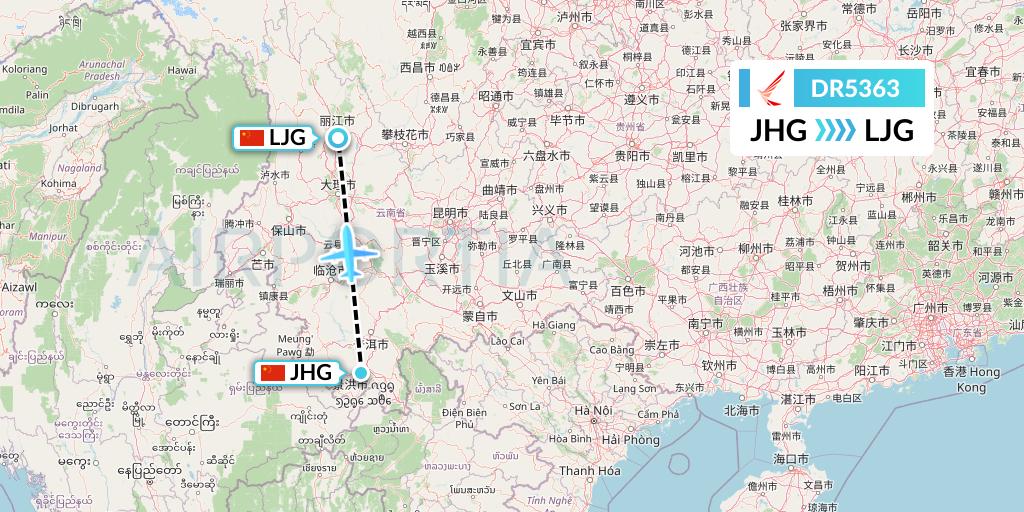 DR5363 Ruili Airlines Flight Map: Jinghong to Lijiang