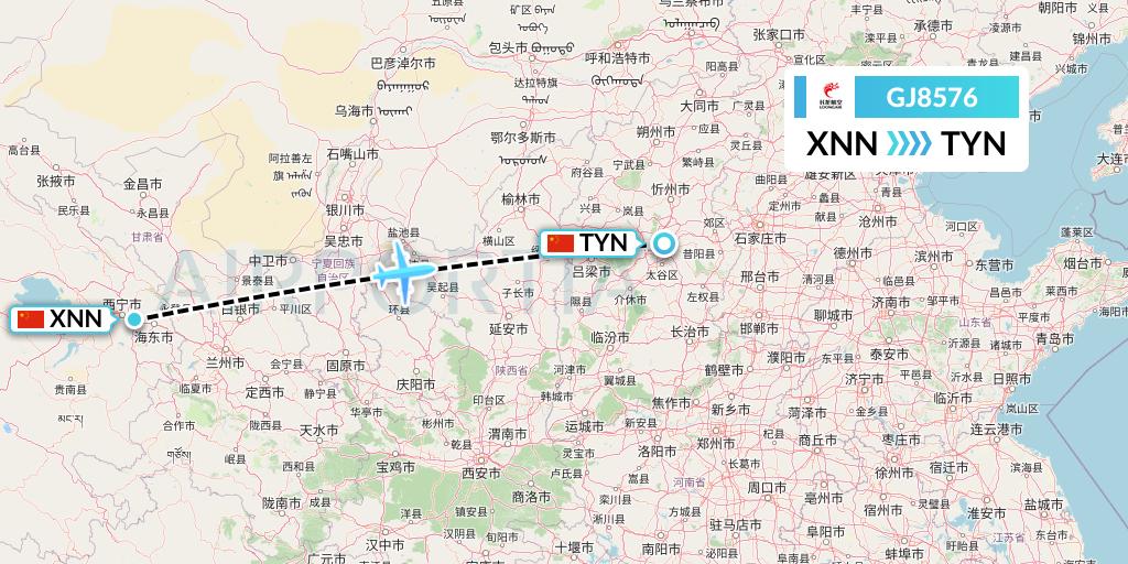 GJ8576 Loong Airlines Flight Map: Xining to Taiyuan