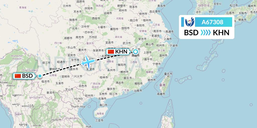 A67308 Hongtu Airlines Flight Map: Baoshan to Nanchang