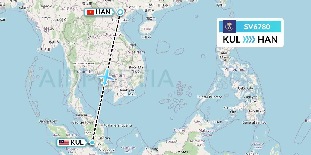 SV6780 Saudi Arabian Airlines Flight Map: Kuala Lumpur to Hanoi
