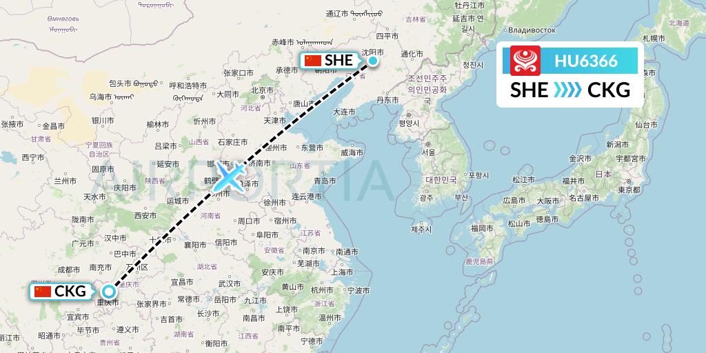 HU6366 Hainan Airlines Flight Map: Shenyang to Chongqing