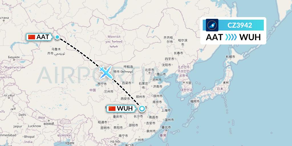 CZ3942 China Southern Airlines Flight Map: Altay to Wuhan