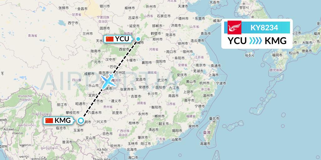 KY8234 Kunming Airlines Flight Map: Yuncheng to Kunming