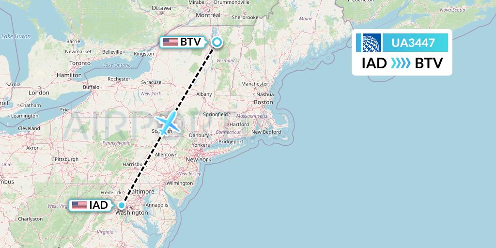 UA3447 United Airlines Flight Map: Washington to Burlington