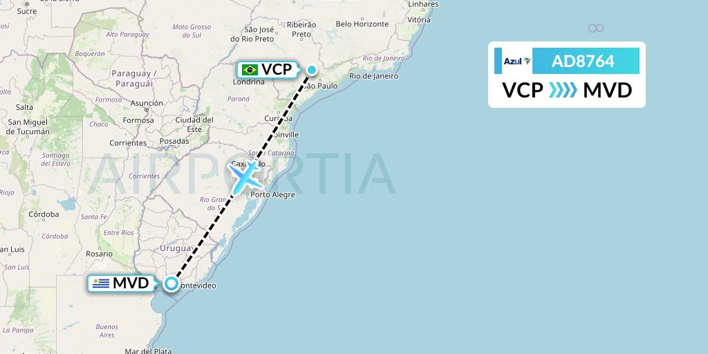 AD8764 Azul Brazilian Airlines Flight Map: Campinas to Montevideo
