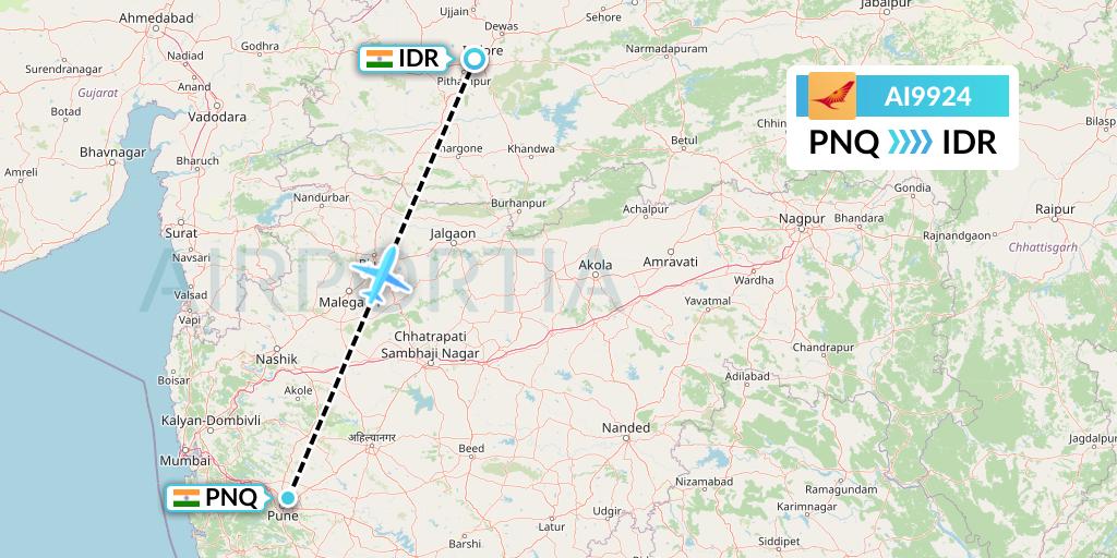 AI9924 Air India Flight Map: Pune to Indore