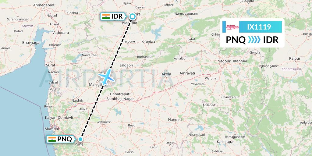 IX1119 Air India Express Flight Map: Pune to Indore