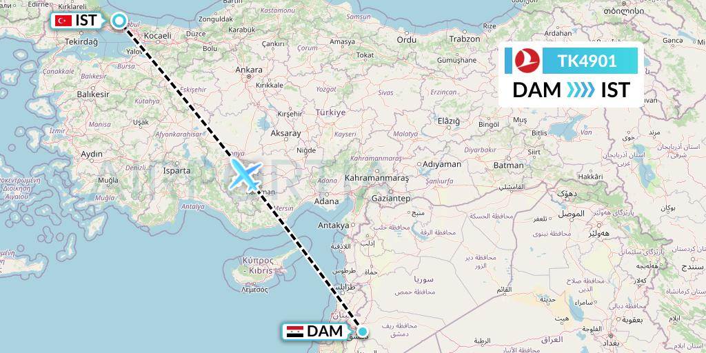 TK4901 Turkish Airlines Flight Map: Damascus to Istanbul