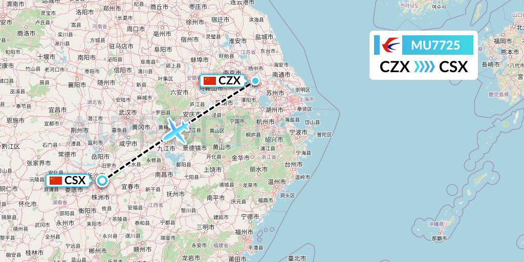 MU7725 China Eastern Airlines Flight Map: Changzhou to Changsha