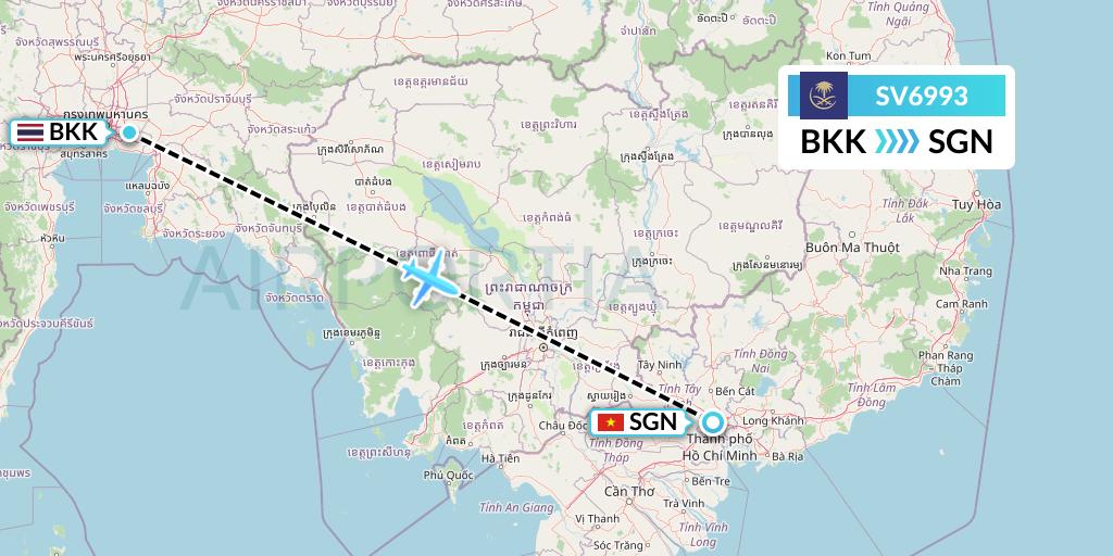 SV6993 Saudi Arabian Airlines Flight Map: Bangkok to Ho Chi Minh City