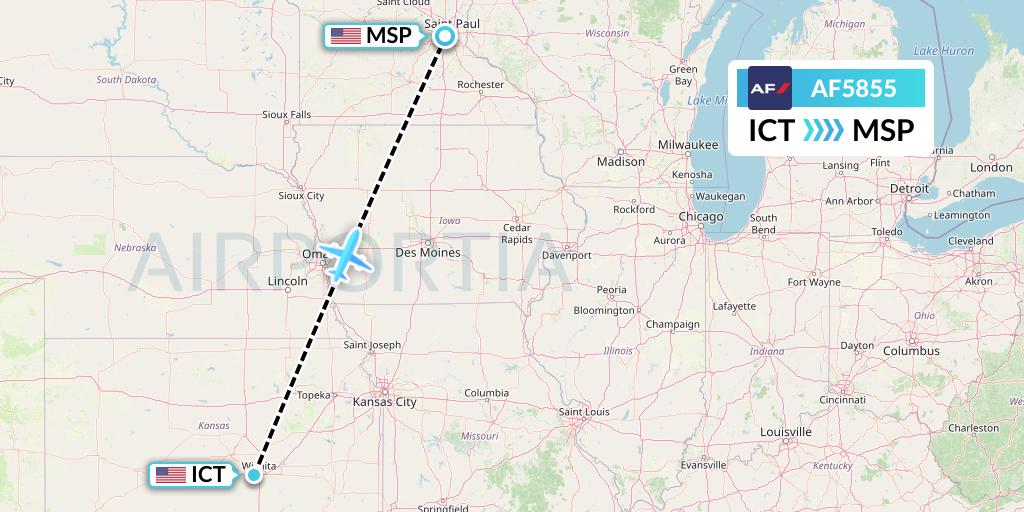 AF5855 Air France Flight Map: Wichita to Minneapolis