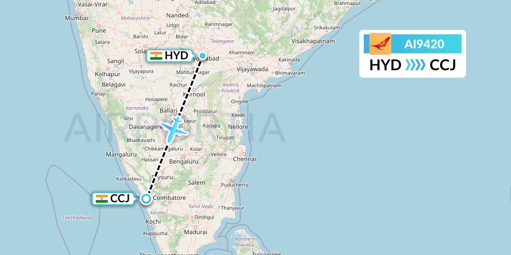AI9420 Air India Flight Map: Hyderabad to Kozhikode