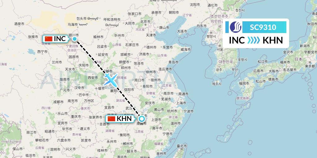 SC9310 Shandong Airlines Flight Map: Yinchuan to Nanchang