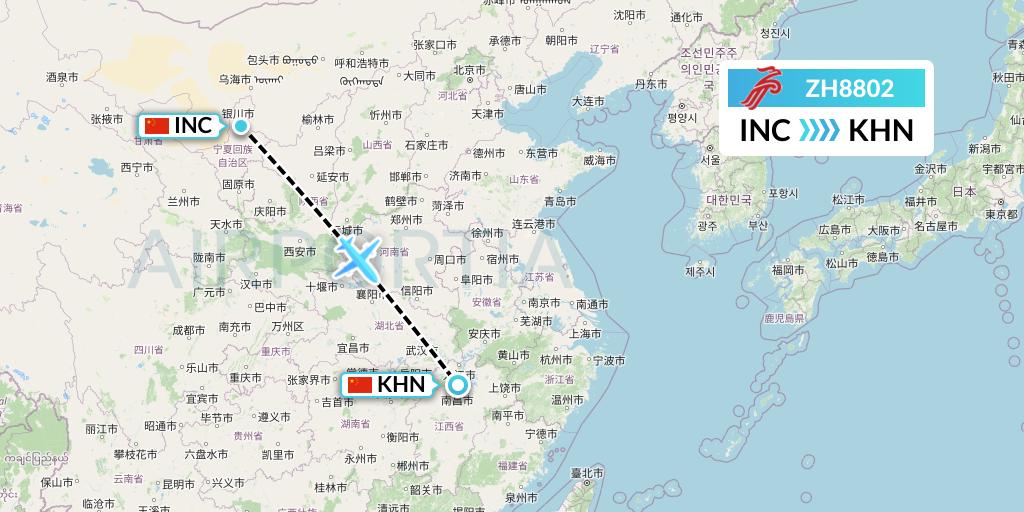 ZH8802 Shenzhen Airlines Flight Map: Yinchuan to Nanchang