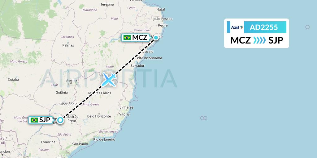AD2255 Azul Brazilian Airlines Flight Map: Maceio to Sao Jose Do Rio Preto