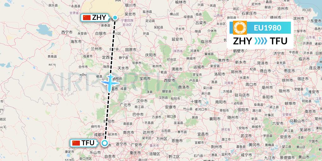EU1980 Chengdu Airlines Flight Map: Zhongwei to Chengdu