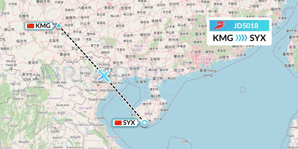 JD5018 Capital Airlines Flight Map: Kunming to Sanya