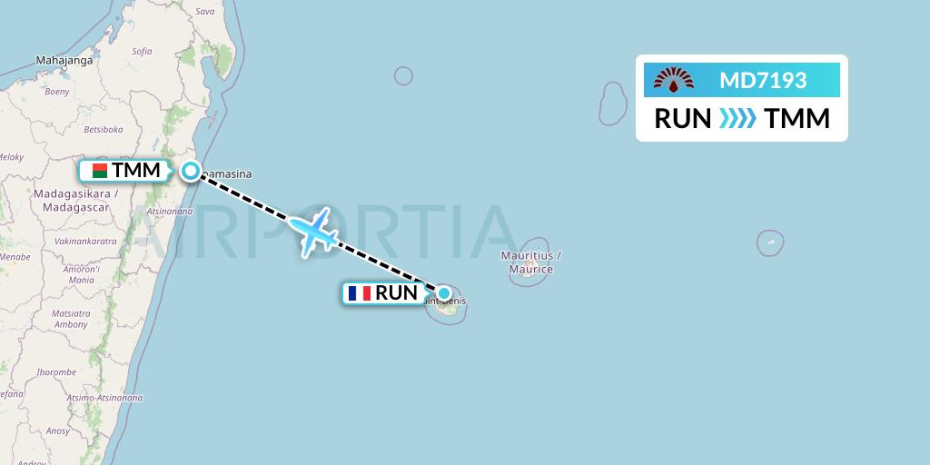 MD7193 Air Madagascar Flight Map: Saint-Denis to Madagascar