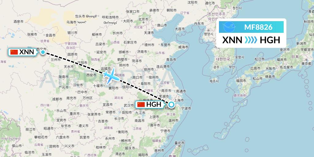 MF8826 Xiamen Airlines Flight Map: Xining to Hangzhou