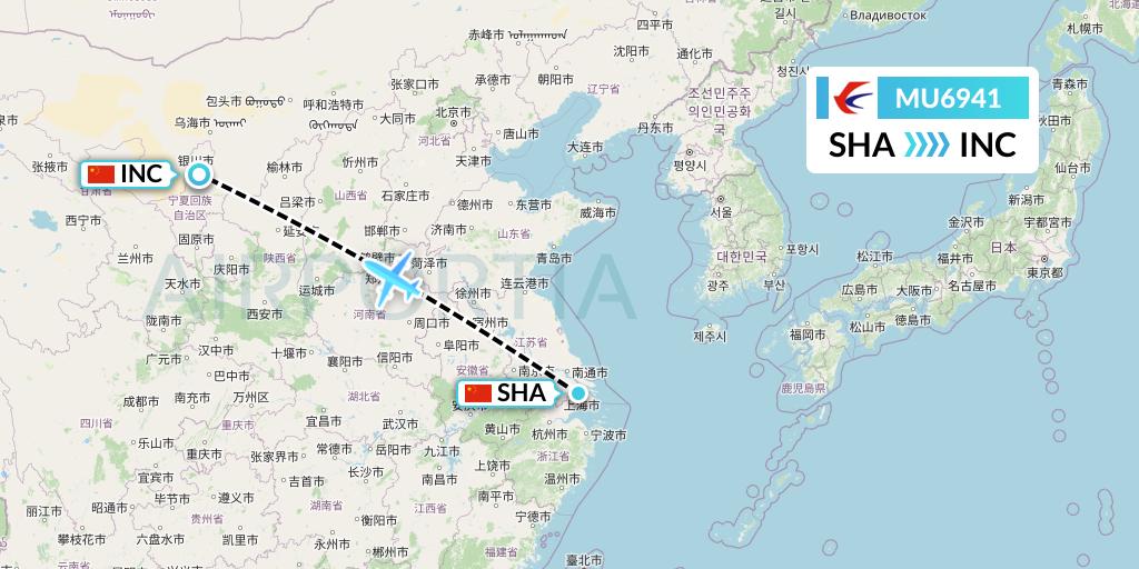 MU6941 China Eastern Airlines Flight Map: Shanghai to Yinchuan