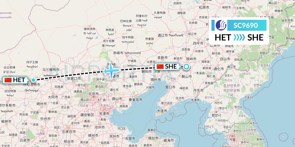 SC9690 Shandong Airlines Flight Map: Hohhot to Shenyang