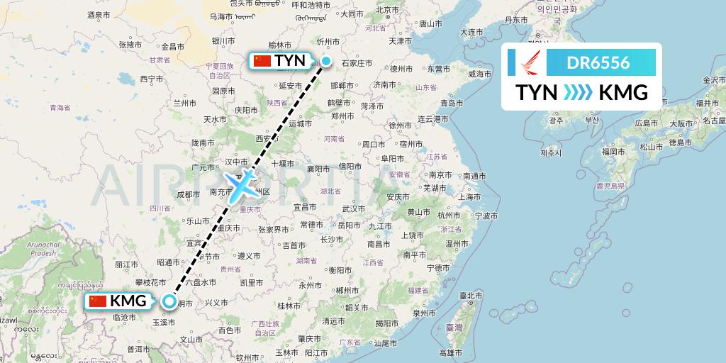 DR6556 Ruili Airlines Flight Map: Taiyuan to Kunming