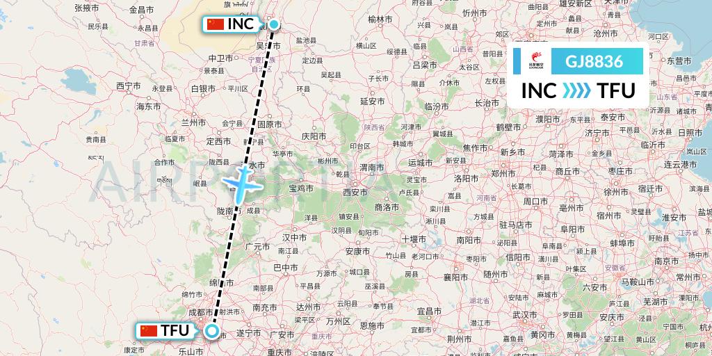 GJ8836 Loong Airlines Flight Map: Yinchuan to Chengdu