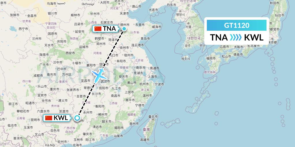GT1120 Air Guilin Flight Map: Jinan to Guilin