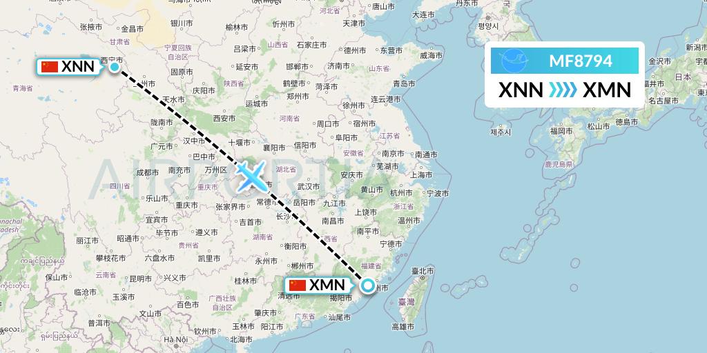MF8794 Xiamen Airlines Flight Map: Xining to Xiamen