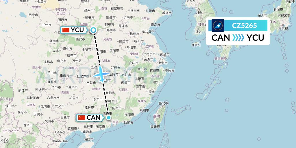 CZ5265 China Southern Airlines Flight Map: Guangzhou to Yuncheng