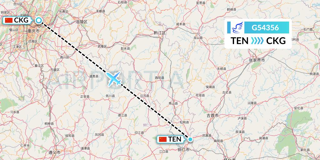 G54356 China Express Airlines Flight Map: Tongren to Chongqing