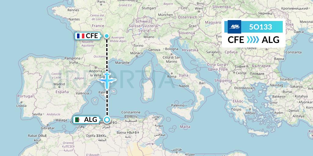 5O133 ASL Airlines France Flight Map: Clermont-Ferrand to Algiers