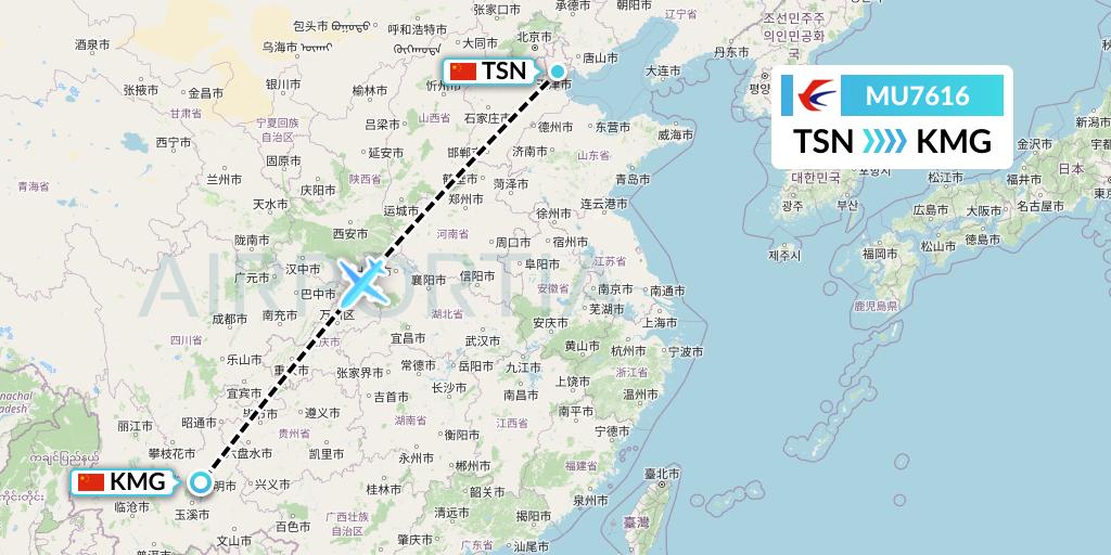 MU7616 China Eastern Airlines Flight Map: Tianjin to Kunming