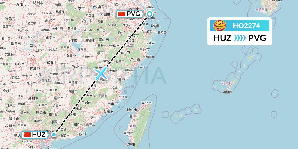HO2274 Juneyao Airlines Flight Map: Huizhou to Shanghai