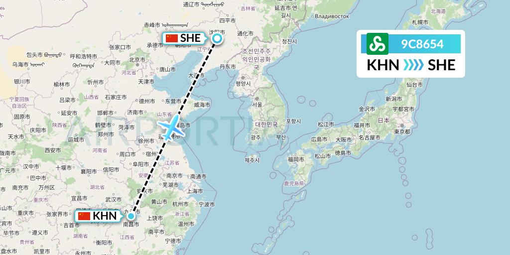 9C8654 Spring Airlines Flight Map: Nanchang to Shenyang