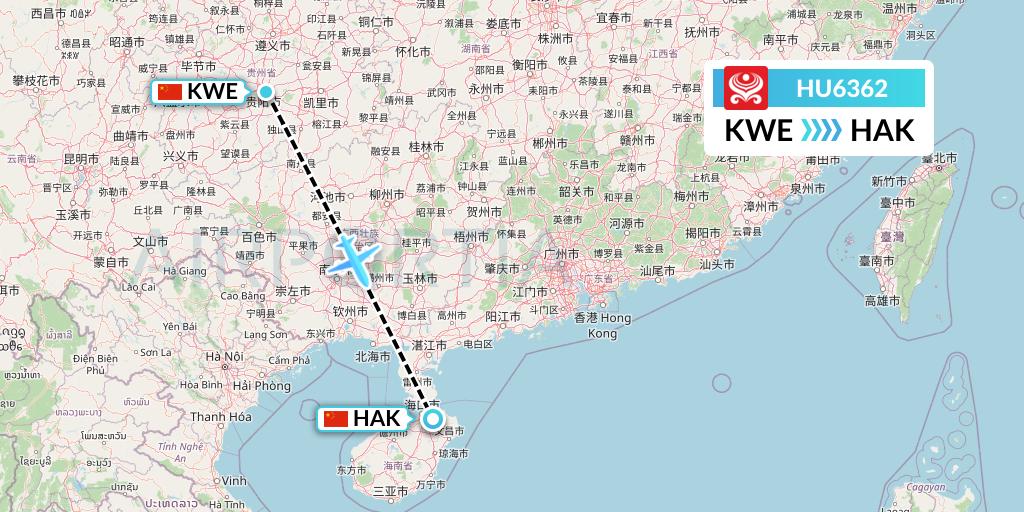 HU6362 Hainan Airlines Flight Map: Guiyang to Haikou