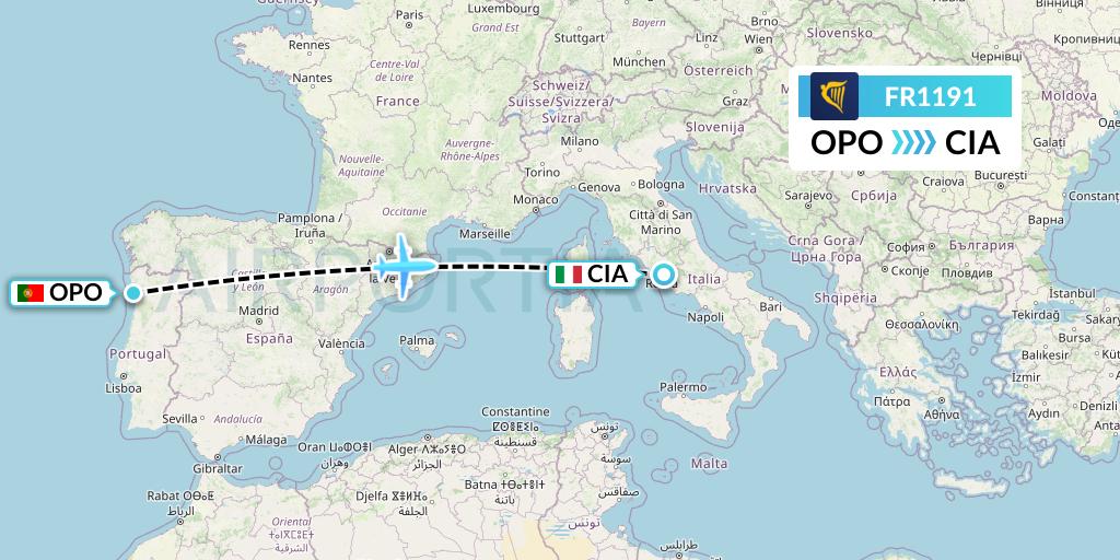 FR1191 Ryanair Flight Map: Porto to Rome