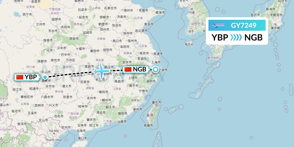 GY7249 Colorful GuiZhou Airlines Flight Map: Yibin to Ningbo
