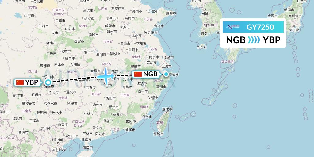 GY7250 Colorful GuiZhou Airlines Flight Map: Ningbo to Yibin
