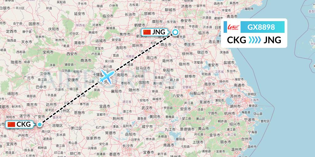 GX8898 GX Airlines Flight Map: Chongqing to Jining