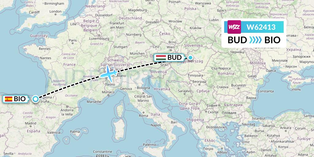 W62413 Wizz Air Flight Map: Budapest to Bilbao