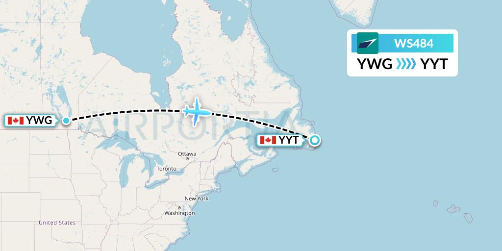 WS484 WestJet Flight Map: Winnipeg to St. John's