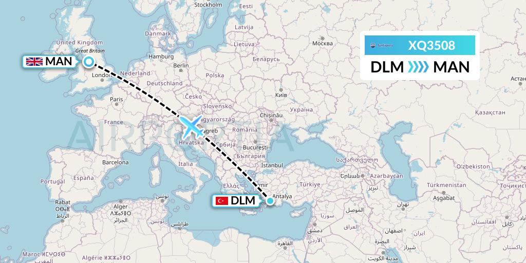 XQ3508 SunExpress Flight Map: Dalaman to Manchester