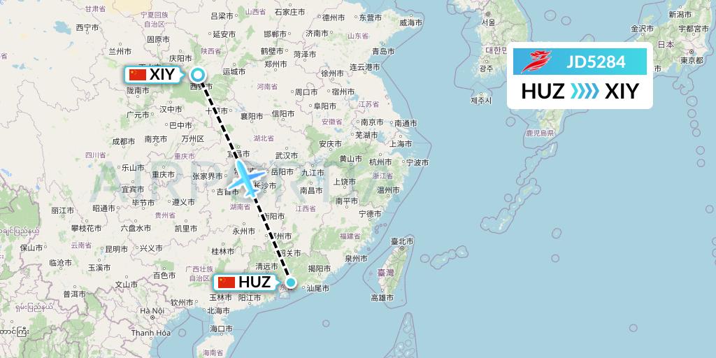 JD5284 Capital Airlines Flight Map: Huizhou to Xi'an
