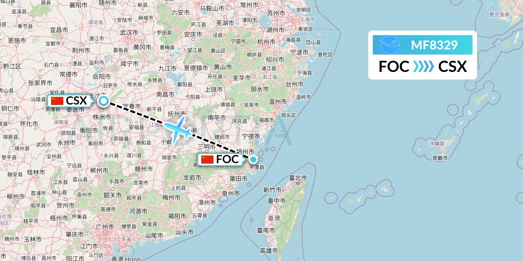 MF8329 Xiamen Airlines Flight Map: Fuzhou to Changsha