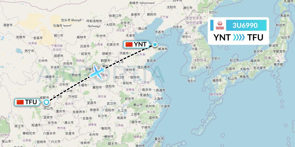 3U6990 Sichuan Airlines Flight Map: Yantai to Chengdu